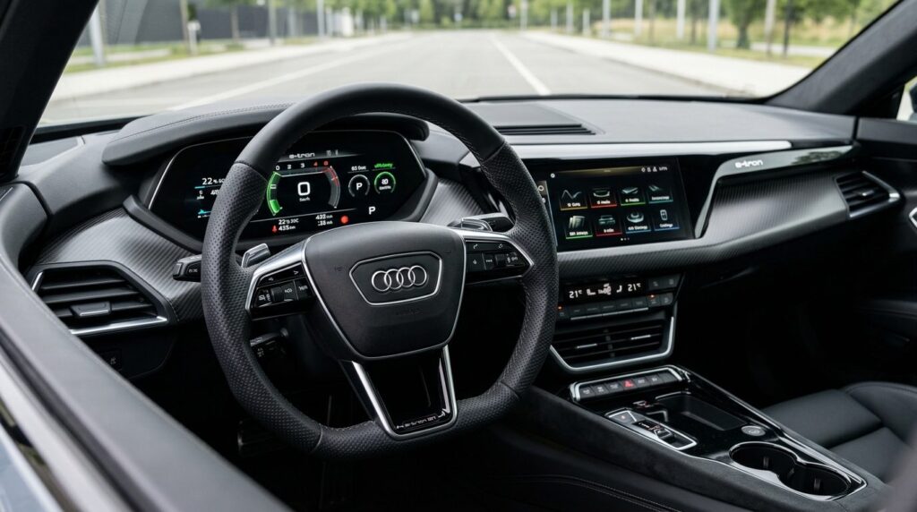 Close-up detail shot of Audi e-tron GT 2026 digital dashboar