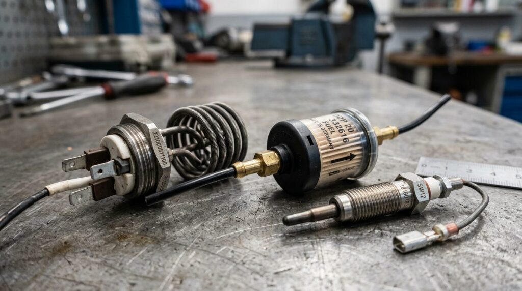 Close-up macro photography of diesel heater spare parts incl