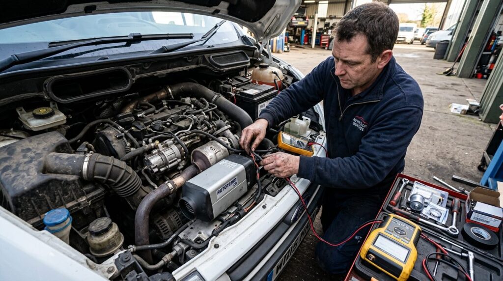 Wide shot of a mechanics hands troubleshooting a diesel par
