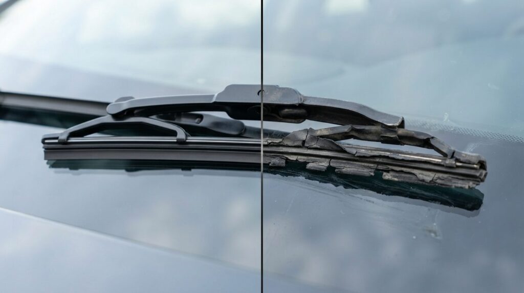 Detailed close-up of a cars wiper blade assembly on the win