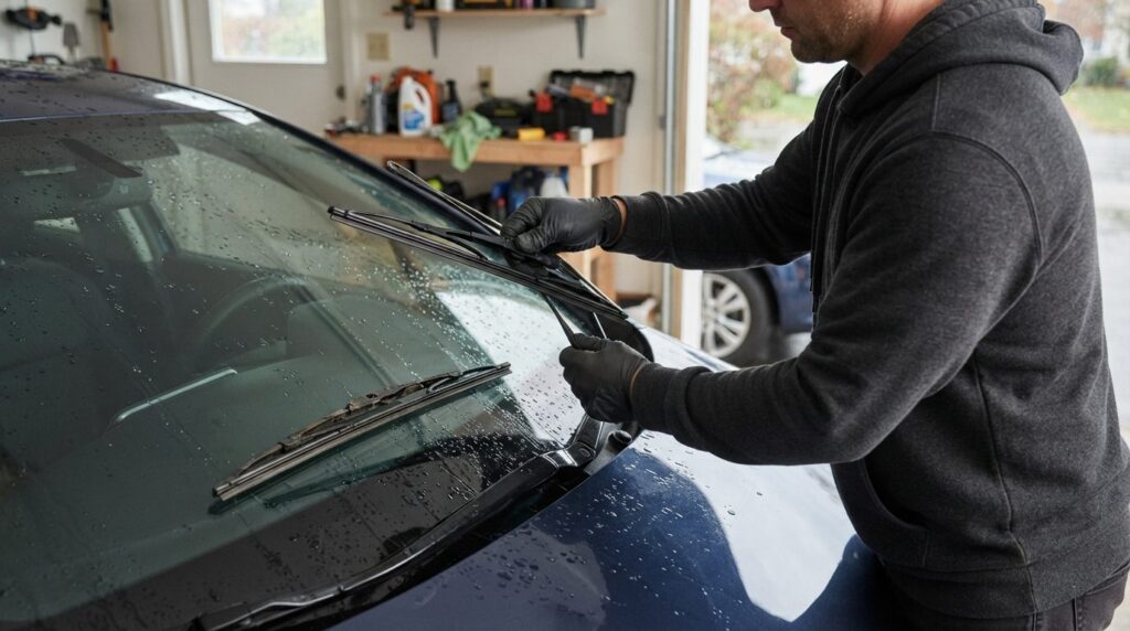 Car owner replacing windshield wiper blades in a garage or d