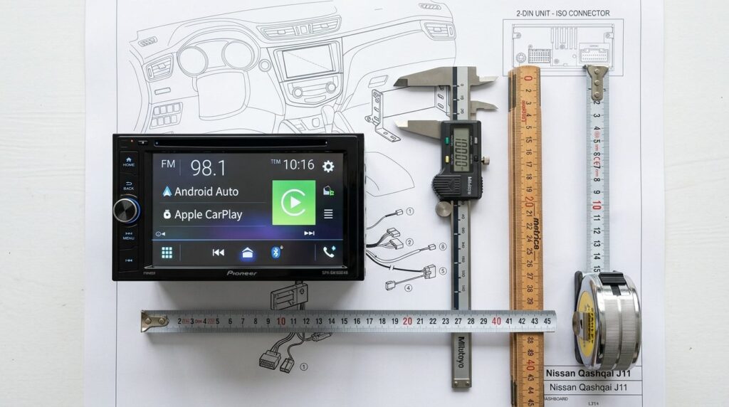 Flat lay product photography: 2-DIN car radio unit next to m