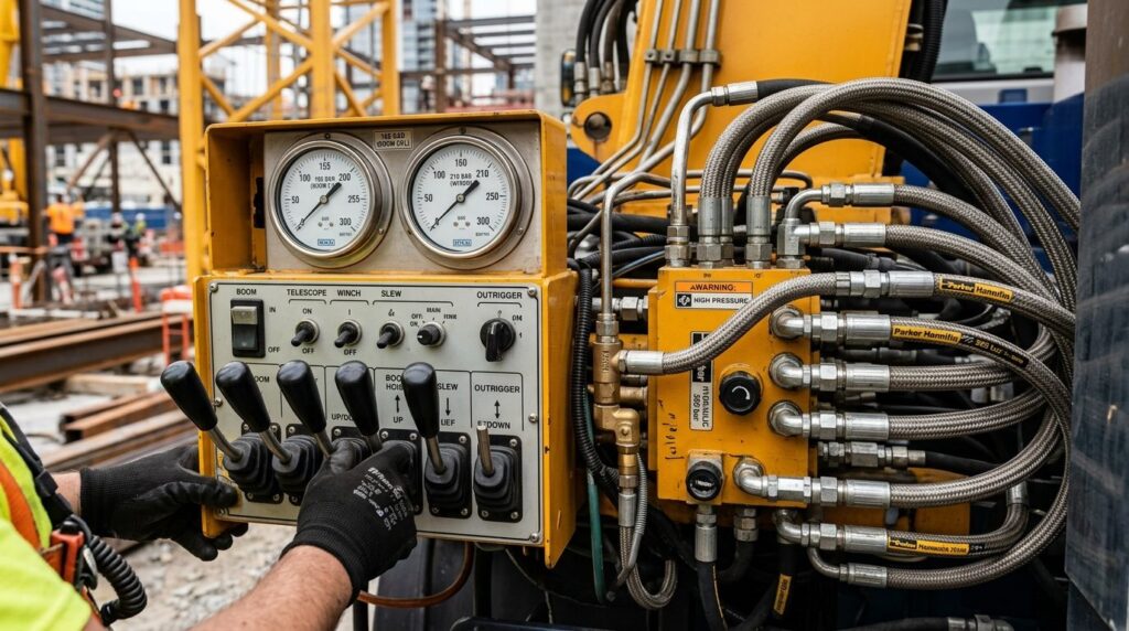 Close-up detail shot of a crane trucks hydraulic lifting sy
