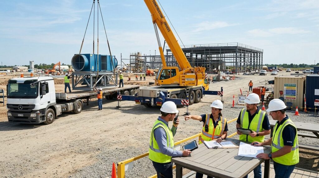 Wide shot of a construction site with multiple heavy vehicle