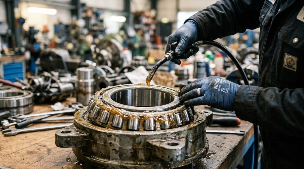Close-up photorealistic image of industrial lubricant being 