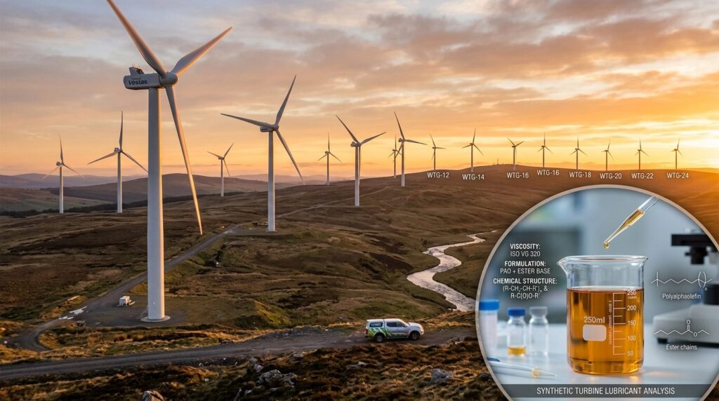 Wide photorealistic landscape of modern wind turbines in ope